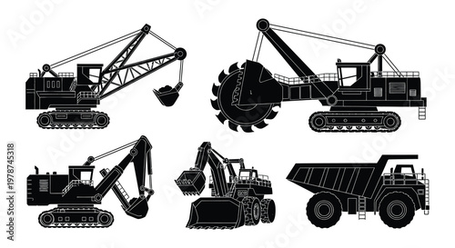 Black and white illustration of heavy mining machinery and dump trucks