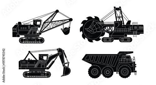 Black and white illustration of heavy mining machinery and dump trucks