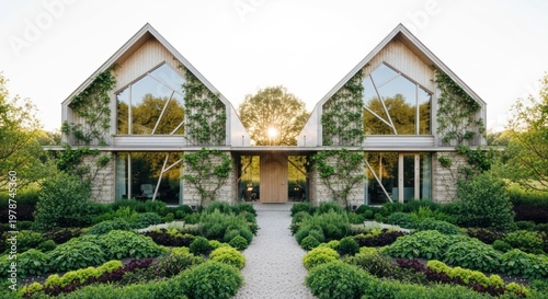 Modern architectural design with symmetrical facades and lush landscaping