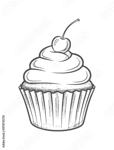 Hand drawn cupcake with cherry topping and swirled frosting outline