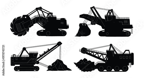 Black and white illustration of heavy mining machinery and dump trucks