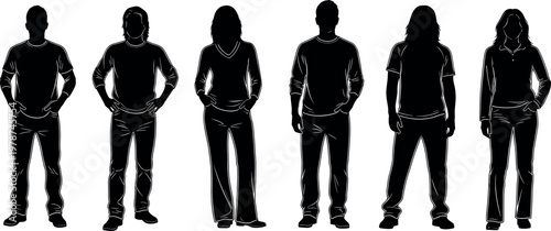 Black silhouette vector illustration of diverse group of men and women standing in casual clothing isolated on a white background.