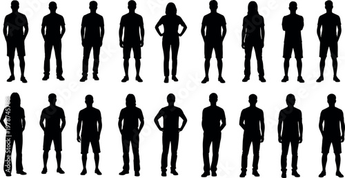 Comprehensive Collection of Diverse People Silhouettes Standing in Various Casual Poses Isolated on White Background for Graphic Design and Layouts