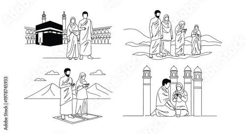 Pilgrims in traditional ihram clothing near the kaaba and holy sites