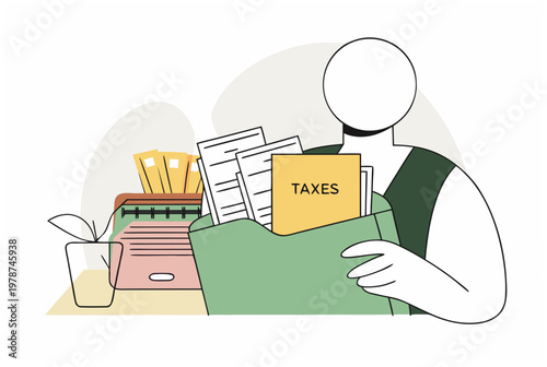 Person holding file folder with tax documents and financial paperwork. Tax season, financial planning concept. Modern flat vector illustration for banner