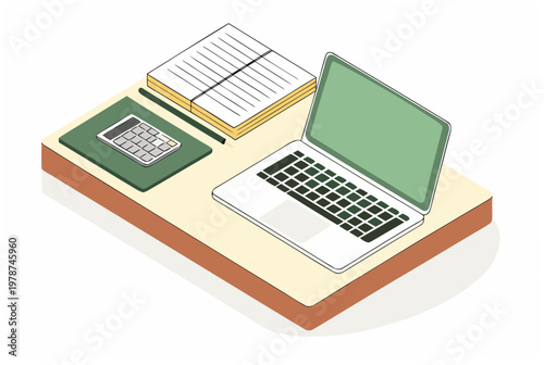 Isometric desk with laptop, calculator, paperwork, and pencil. Tax season, financial accounting concept. Vector illustration for banner, poster, web design