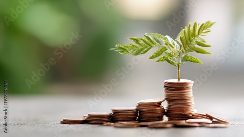 Financial growth concept with plant on coin stacks