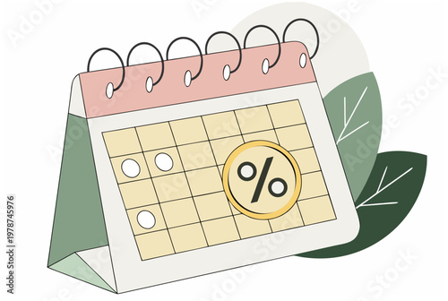 Calendar with percent symbol, representing tax season, discounts, and financial deadlines. Modern flat style vector illustration