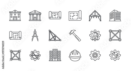 A collection of linear icons representing architectural designs tools and building structures