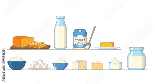 Assortment of fresh dairy products including blocks of cheese, bottles of milk, yogurt cartons, and butter arranged on clean white shelves for display.