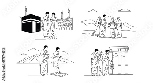 Pilgrims in traditional ihram clothing near the kaaba and holy sites