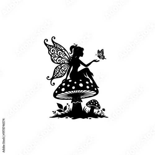 black silhouette of fairy sitting on mushroom with butterfly