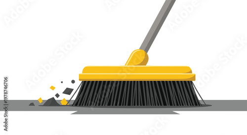 A vibrant yellow broom sweeps dark gray dust particles across a pristine white surface while casting sharp shadows in this clean and minimalist studio shot.