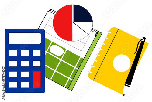 Calculator, calendar, pie chart, notebook, and pen for personal finance and budget management. Accounting and planning concept. Vector illustration