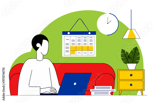 Man working on laptop planning financial budget with calendar on wall. Personal finance and household budgeting concept vector illustration