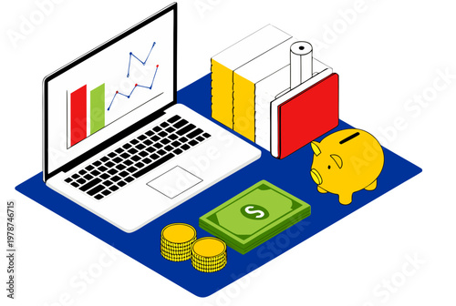 Isometric laptop with financial charts, piggy bank, money and documents. Personal finance and budgeting concept. Abstract style vector illustration for banner