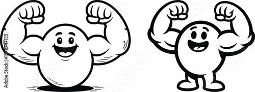 Muscular cartoon character flexing biceps vector illustration with black and white background strength bodybuilder character illustration energetic