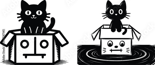 Black cat sitting inside cardboard box vector illustration with black and white background container adorable illustration minimalist silhouette