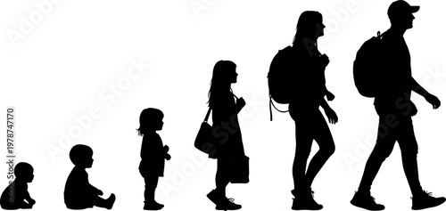 Silhouette progression of human life stages from infant to adult with backpacks illustrating growth education journey and development through years