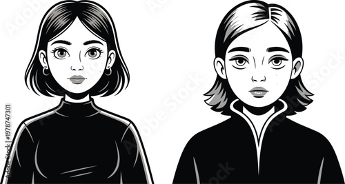 Portrait of two young women with different expressions vector illustration black and white background portrait headshot illustration character