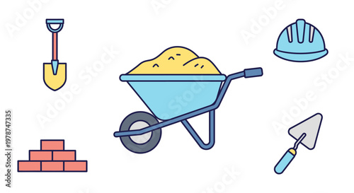 Construction tools and equipment set.