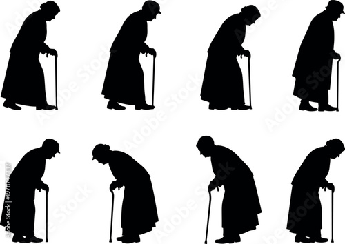 Silhouette of Elderly Woman Walking with Cane in Different Poses Set Isolated on White Background for Aging and Healthcare Concept