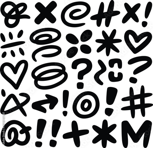 Collection of hand-drawn graphic symbols punctuation mathematical signs with punctuation mathematical illustration collection abstract scribble education