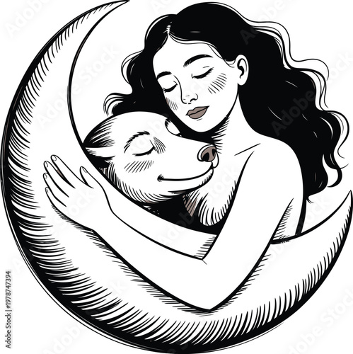 Woman hugging a wolf or dog creature on a crescent moon mystical night scene woman figure half moon black and white crescent mystical illustration