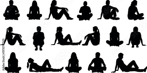 Vector silhouettes of various people sitting and reclining in relaxed poses on floor for lifestyle and social gathering design concepts
