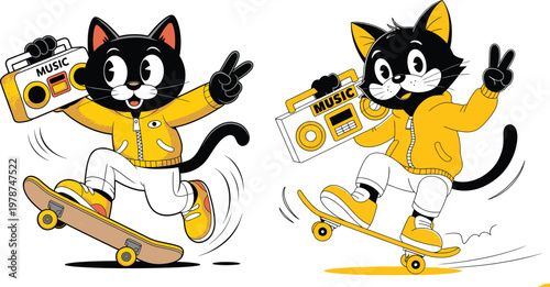 Two cartoon cats in yellow shirts and white pants skateboarding and holding boomboxes with wheeled sports skateboarding illustration lifestyle energetic