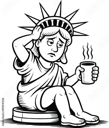 Statue of liberty sitting down looking tired and holding a steaming cup of coffee hot drink black and white morning coffee exhausted new york landmark