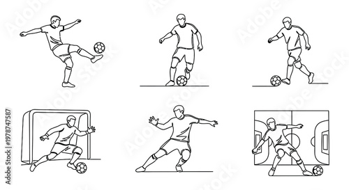 Line art illustration depicting soccer players in various action poses