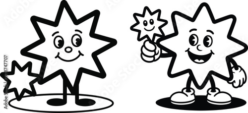 Two cartoon stars with happy faces and holding smaller stars character illustration celebration friendship together