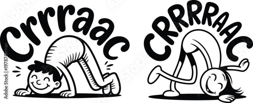 Two cartoon children in a breakdancing pose with sound effects breakdancing children movement illustration energetic childhood gymnastics acrobatic