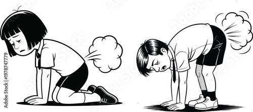 Two cartoon children in awkward positions with flatulence cloud symbols flatulence children embarrassed illustration childhood function