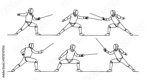 Line art illustration of fencers in dynamic combat poses and protective gear
