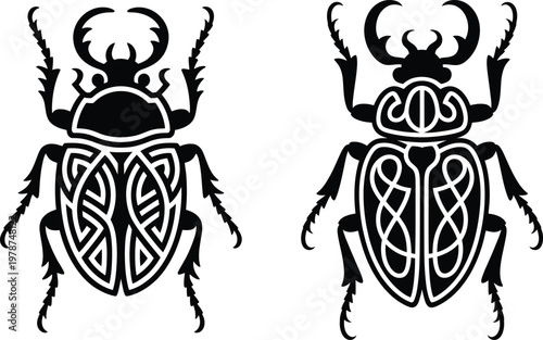 Stylized black beetles with intricate celtic knot patterns on wings vector stylized illustration detailed creature decorative