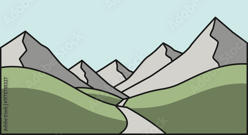 Stylized mountain landscape illustration with peaks valley and road under blue sky