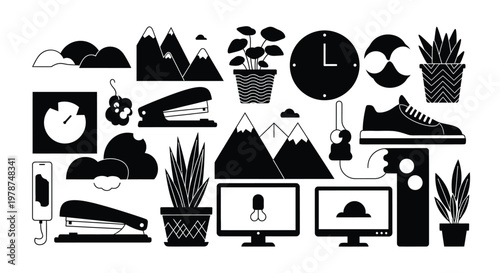 A collection of black and white graphic icons depicting everyday objects and natural elements