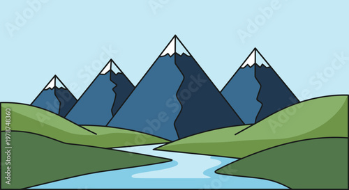Stylized mountain landscape illustration with river flowing under a clear sky
