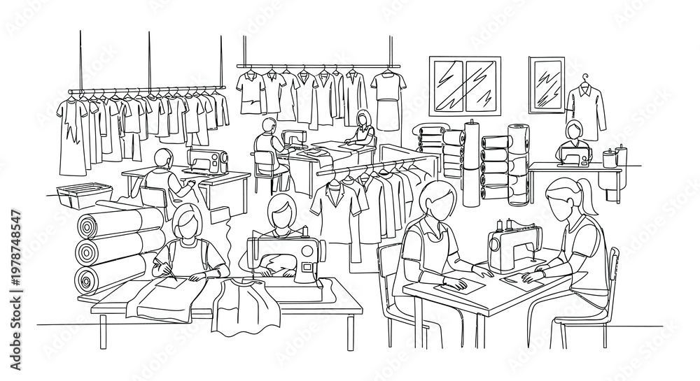 Obraz premium Black and white illustration depicting various people working in a clothing factory