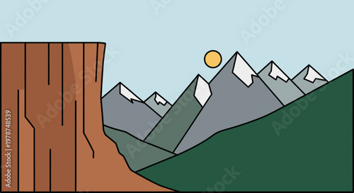 Stylized mountain landscape with cliff and sun in a flat illustration