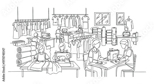 Black and white illustration depicting various people working in a clothing factory