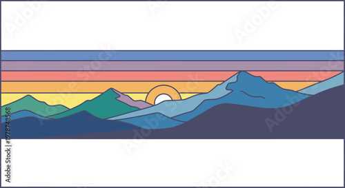Stylized mountain landscape with colorful sunset over peaks and flat horizon
