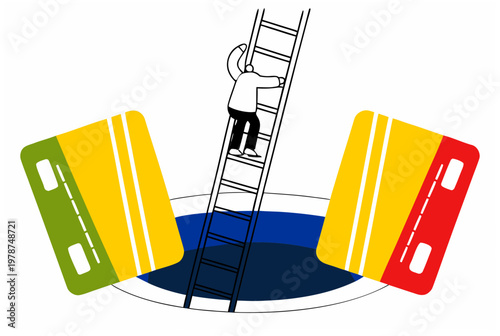 Man climbing ladder out of a hole with credit cards, representing personal finance, credit card debt repayment, financial behavior. Flat vector illustration