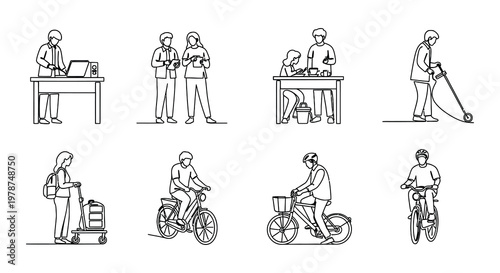 Black and white illustration depicting various people working in a clothing factory