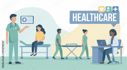 Healthcare Services: Doctors, Nurses, and Patient Care Illustration