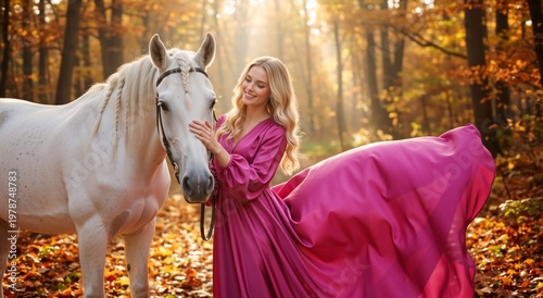 Woman in a flowing magenta dress with a white horse in an autumn forest. Golden sunlight and fall leaves background. Equestrian lifestyle and nature concept