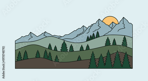 Stylized mountain landscape with trees and sun graphic illustration