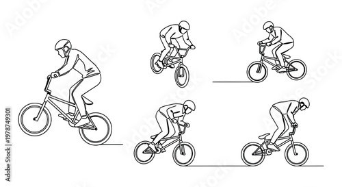 Line art illustration of cyclists performing tricks on bmx bikes